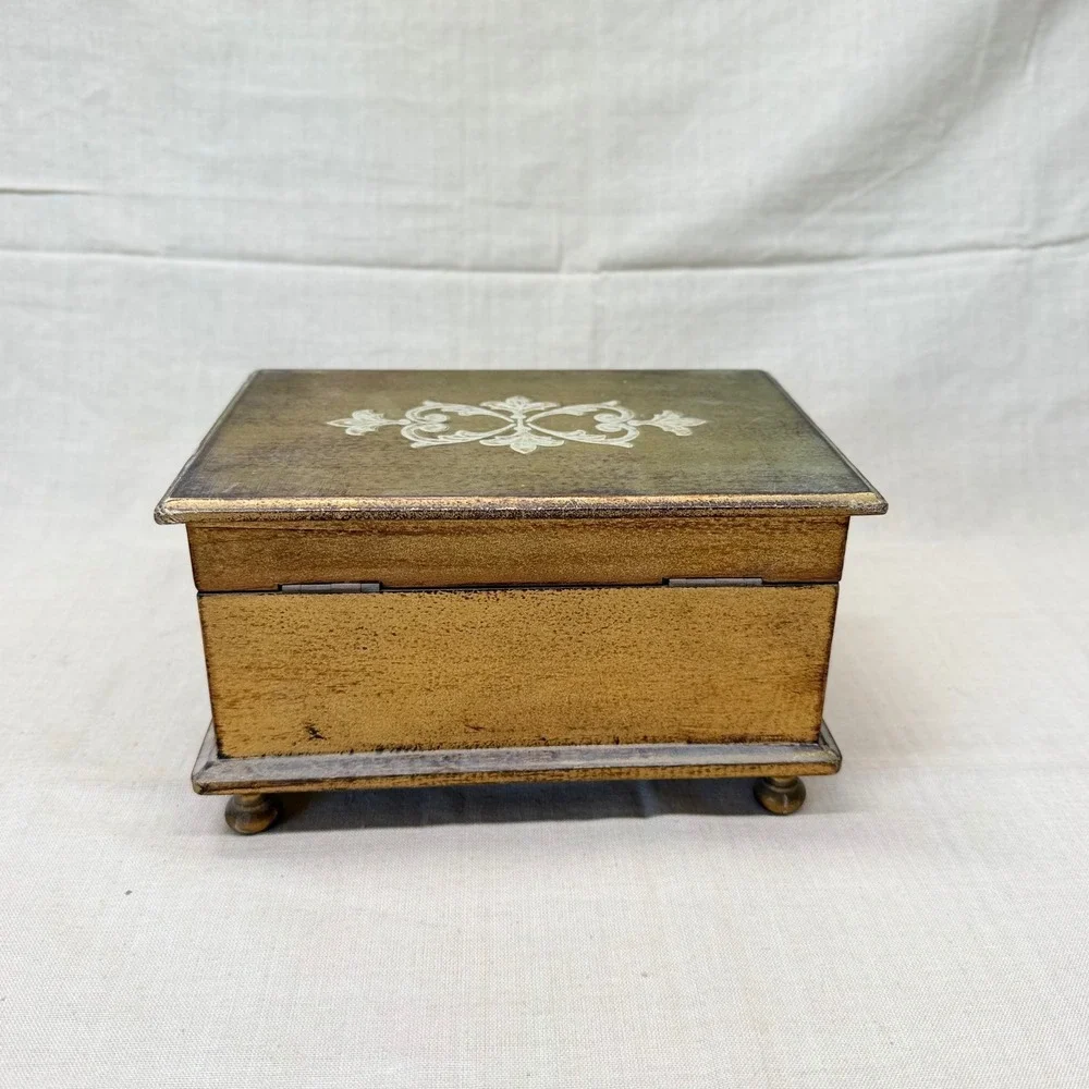 Vintage Italian Florentine Jewelry Box Gold Gilt Wood Red Velvet Mirror Trinket